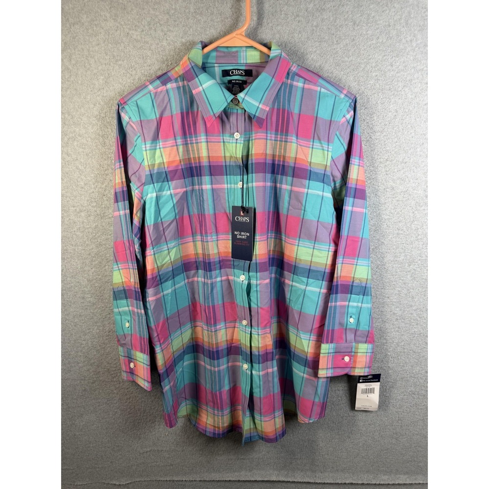 Chaps Shirt Mens Large Multicolor Plaid No Iron Slimming Long Sleeve Button Down